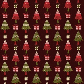 Christmas Gifts and Trees Red Background