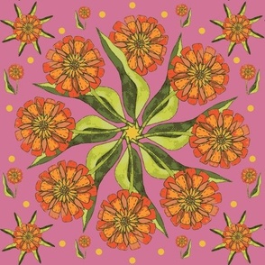 Zinnia Garden Party Twirl - Pink, Orange And Green -  basic repeat.