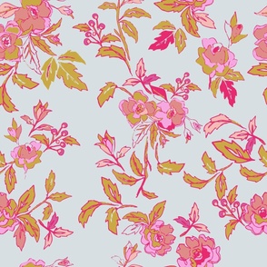 jumbo // Vintage Floral Romantic Roses Large Scale in Bright Pink and Ochre on Pale Sky Blue // 24”