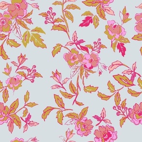 large // Vintage Floral Romantic Roses in Bright Pink and Ochre on Pale Sky Blue // 12”