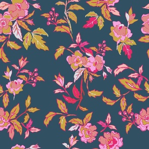 jumbo // Vintage Floral Romantic Roses Large Scale in Bright Pink and Ochre on Grey Blue // 24”