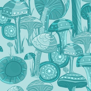 Teal hand-drawn monochromatic mushrooms