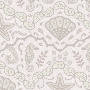 Sea animals lace monochrome taupe - large scale for bedding, wallpaper and home decor