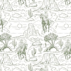 vintage retro western cowboy toile white and sage medium scale