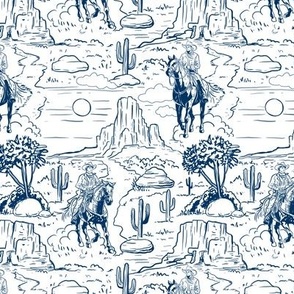 vintage retro western cowboy toile white and navy medium scale