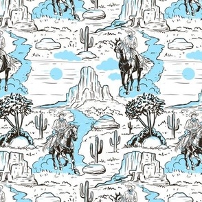 vintage retro western cowboy toile white and blue medium scale