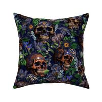 14" Antique Goth Nightfall: A Vintage Floral Pattern with Skulls And Exotic Flowers-  halloween aesthetic dark green leaves wallpaper - moonlight blue