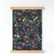 14" Antique Goth Nightfall: A Vintage Floral Pattern with Skulls And Exotic Flowers-  halloween aesthetic dark green leaves wallpaper - moonlight blue