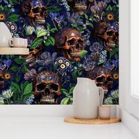 14" Antique Goth Nightfall: A Vintage Floral Pattern with Skulls And Exotic Flowers-  halloween aesthetic dark green leaves wallpaper - moonlight blue