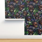 14" Antique Goth Nightfall: A Vintage Floral Pattern with Skulls And Exotic Flowers-  halloween aesthetic dark green leaves wallpaper - moonlight blue