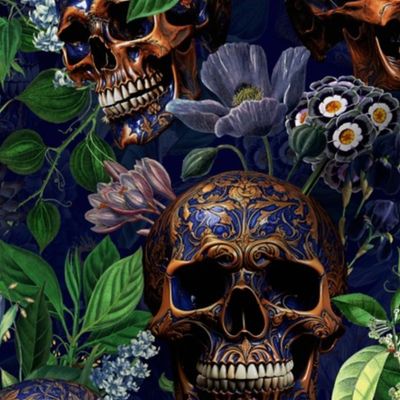 14" Antique Goth Nightfall: A Vintage Floral Pattern with Skulls And Exotic Flowers-  halloween aesthetic dark green leaves wallpaper - moonlight blue