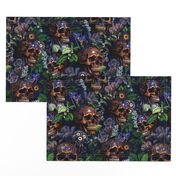 14" Antique Goth Nightfall: A Vintage Floral Pattern with Skulls And Exotic Flowers-  halloween aesthetic dark green leaves wallpaper - moonlight blue