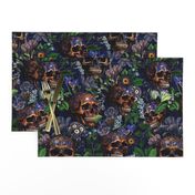 14" Antique Goth Nightfall: A Vintage Floral Pattern with Skulls And Exotic Flowers-  halloween aesthetic dark green leaves wallpaper - moonlight blue