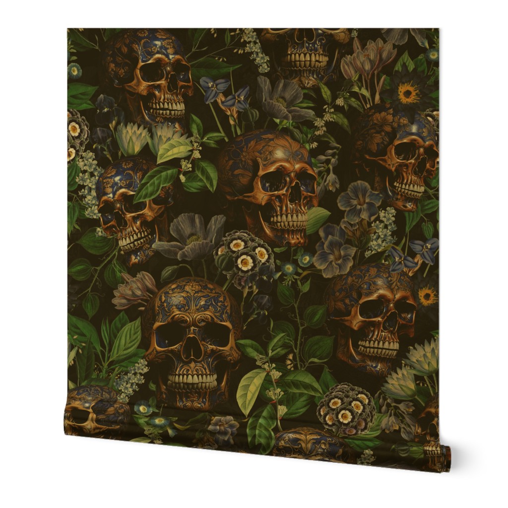 14" Antique Goth Nightfall: A Vintage Floral Pattern with Skulls And Exotic Flowers-  halloween aesthetic dark green leaves wallpaper - moonlight black