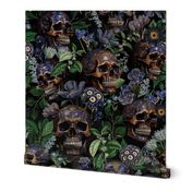 14" Antique Goth Nightfall: A Vintage Floral Pattern with Skulls And Exotic Flowers-  halloween aesthetic dark green leaves wallpaper - moonlight black