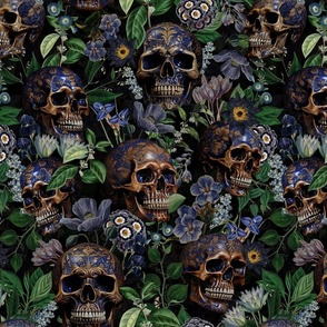 14" Antique Goth Nightfall: A Vintage Floral Pattern with Skulls And Exotic Flowers-  halloween aesthetic dark green leaves wallpaper - moonlight black