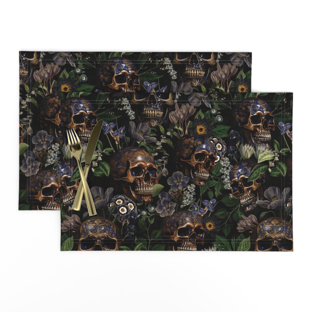 Antique Goth Nightfall: A Vintage Floral Pattern with Skulls And Exotic Flowers  sepia black- halloween aesthetic dark green leaves wallpaper 