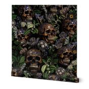 Antique Goth Nightfall: A Vintage Floral Pattern with Skulls And Exotic Flowers  sepia black- halloween aesthetic dark green leaves wallpaper 