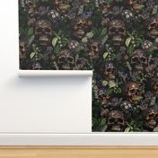 Antique Goth Nightfall: A Vintage Floral Pattern with Skulls And Exotic Flowers  sepia black- halloween aesthetic dark green leaves wallpaper 