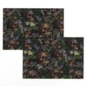 Antique Goth Nightfall: A Vintage Floral Pattern with Skulls And Exotic Flowers  sepia black- halloween aesthetic dark green leaves wallpaper 