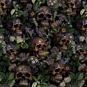 Antique Goth Nightfall: A Vintage Floral Pattern with Skulls And Exotic Flowers  sepia black- halloween aesthetic dark green leaves wallpaper 