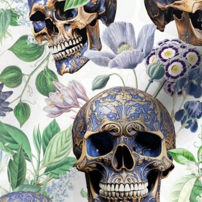 14" Antique Goth Nightfall: A Vintage Floral Pattern with Skulls And Exotic Flowers-  halloween aesthetic dark green leaves wallpaper - off white
