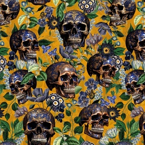14" Antique Goth Nightfall: A Vintage Floral Pattern with Skulls And Exotic Flowers-  halloween aesthetic dark green leaves wallpaper - sunny orange