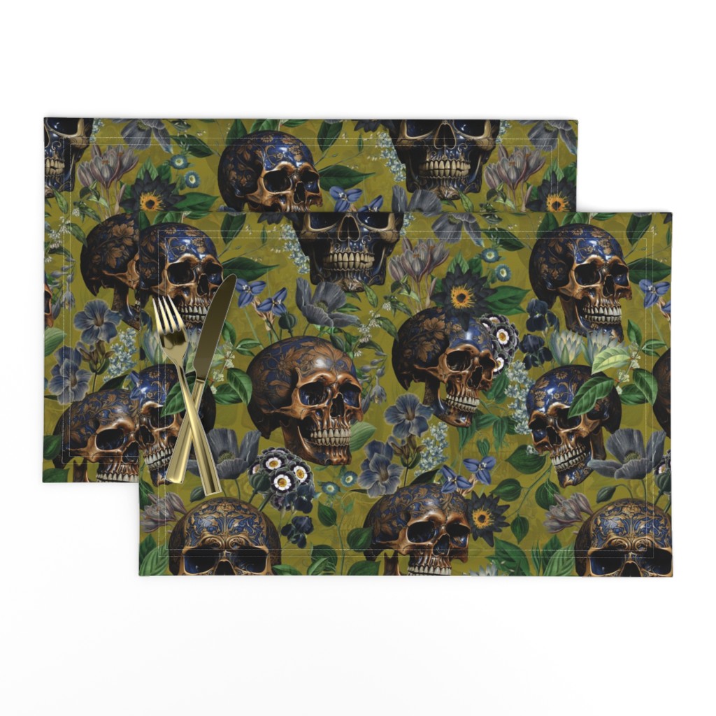 14" Antique Goth Nightfall: A Vintage Floral Pattern with Skulls And Exotic Flowers-  halloween aesthetic dark green leaves wallpaper - dark sage green