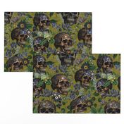 14" Antique Goth Nightfall: A Vintage Floral Pattern with Skulls And Exotic Flowers-  halloween aesthetic dark green leaves wallpaper - dark sage green