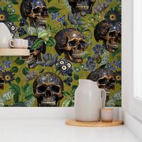 14" Antique Goth Nightfall: A Vintage Floral Pattern with Skulls And Exotic Flowers-  halloween aesthetic dark green leaves wallpaper - dark sage green