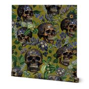 14" Antique Goth Nightfall: A Vintage Floral Pattern with Skulls And Exotic Flowers-  halloween aesthetic dark green leaves wallpaper - dark sage green