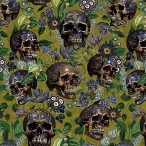 14" Antique Goth Nightfall: A Vintage Floral Pattern with Skulls And Exotic Flowers-  halloween aesthetic dark green leaves wallpaper - dark sage green