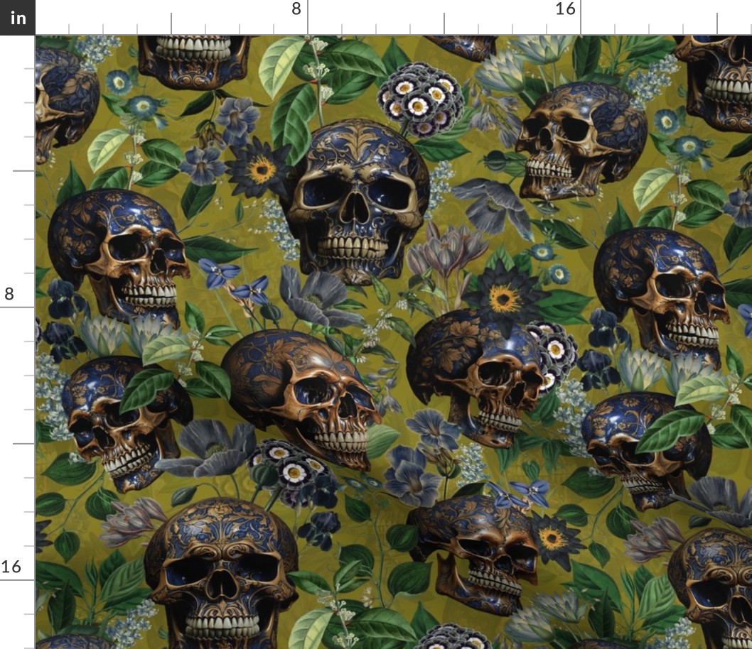 14" Antique Goth Nightfall: A Vintage Floral Pattern with Skulls And Exotic Flowers-  halloween aesthetic dark green leaves wallpaper - dark sage green