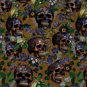 14" Antique Goth Nightfall: A Vintage Floral Pattern with Skulls And Exotic Flowers-  halloween aesthetic dark green leaves wallpaper - sepia brown