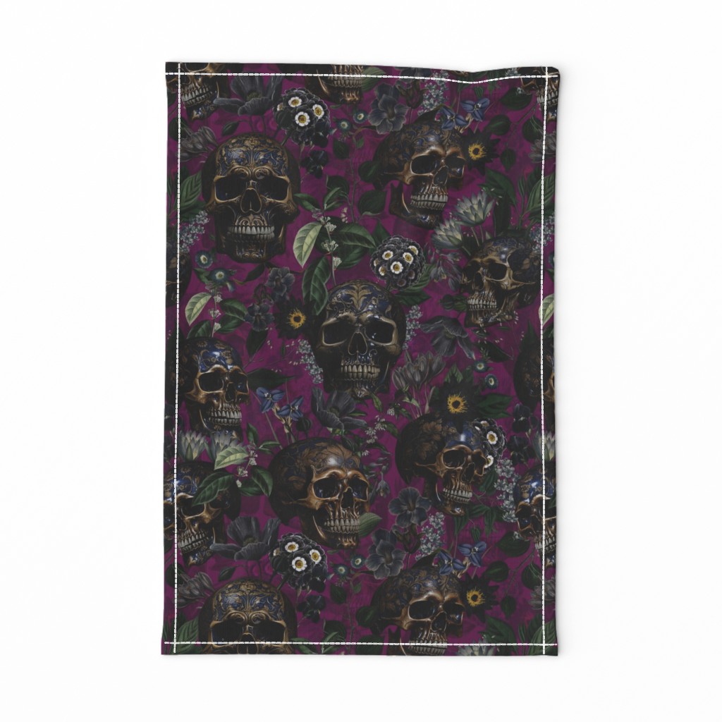 14" Antique Goth Nightfall: A Vintage Floral Pattern with Skulls And Exotic Flowers-  halloween aesthetic dark green leaves wallpaper -dark magenta