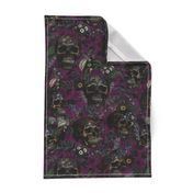 14" Antique Goth Nightfall: A Vintage Floral Pattern with Skulls And Exotic Flowers-  halloween aesthetic dark green leaves wallpaper -dark magenta