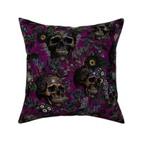 14" Antique Goth Nightfall: A Vintage Floral Pattern with Skulls And Exotic Flowers-  halloween aesthetic dark green leaves wallpaper -dark magenta