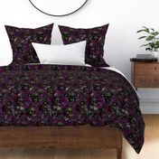 14" Antique Goth Nightfall: A Vintage Floral Pattern with Skulls And Exotic Flowers-  halloween aesthetic dark green leaves wallpaper -dark magenta