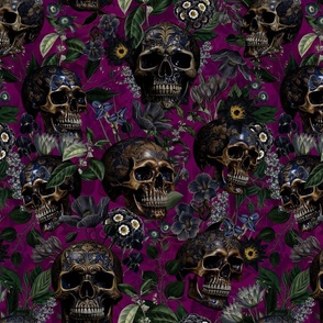 14" Antique Goth Nightfall: A Vintage Floral Pattern with Skulls And Exotic Flowers-  halloween aesthetic dark green leaves wallpaper -dark magenta