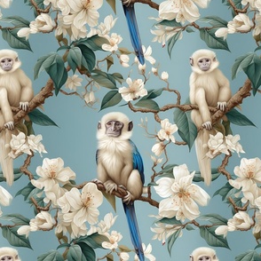 Wallpaper Fantasy Flying Monkey Seamless Pattern Blue wings, whimsical, blossoms, quirky, light blue, sage