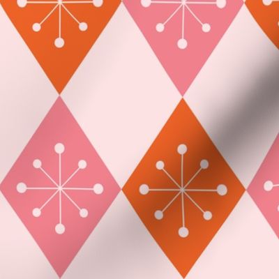 Retro atomic starbursts on pink and orange harlequin diamonds 