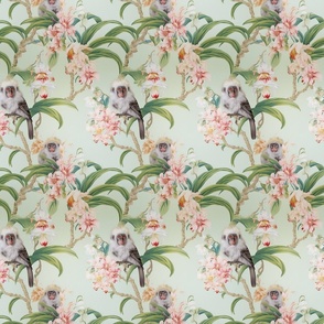 Wallpaper Flying Monkey Seamless Pattern Grey on pink flowers , whimsical, blossoms, quirky