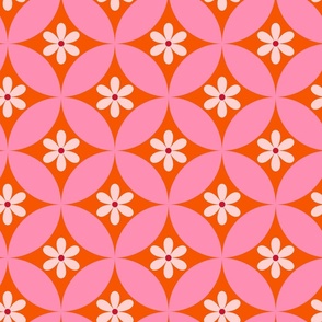 white flowers on mid century pink circles