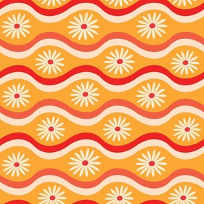 Groovy Retro Flowers on red and white Waves 