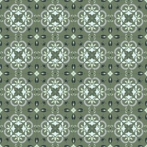 (S) boho Greek style geometric floral ornaments in grey, white, black on moss green