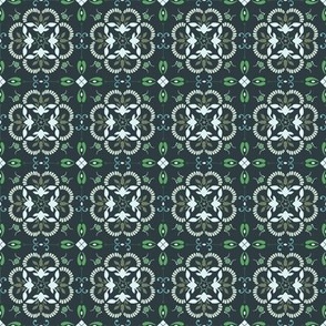 (S) boho Greek style geometric floral medallions in white, moss green, green, blue on black