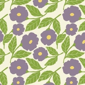 Purple flower with green leaves on pale cream background - small