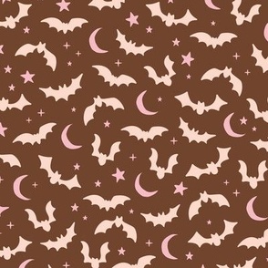 Bats & Stars - Halloween moon and autumn night creatures horror design pink blush on chocolate brown seventies vintage palette