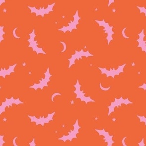 Bats & Stars - Halloween moon and autumn night creatures design pink on coral orange