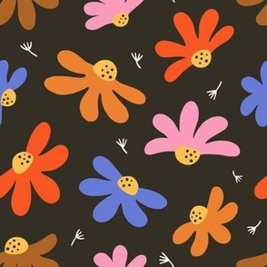 Retro flying daisies on dark background - 60s and 70s groovy floral